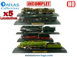 Un lot de cinq locomotives a vapeur Atlas Collections au HO incomplètes