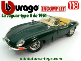Le cabriolet Jaguar type E vert en voiture miniature Burago au 1/18e incomplet