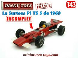 La monoplace Surtees F1 TS 5 miniature de Dinky Toys au 1/43e incomplète