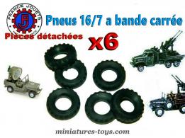 6 pneus 16/7 noirs striés a bande carrée pour camions miniatures France Jouets