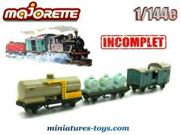 Les trois wagons miniatures de Majorette Rail Route au 1/143e incomplets