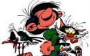 Une grande figurine résine de Gaston Lagaffe sur ses rollers a hélice...
