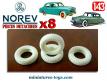 Un lot de 8 pneus 14/8 creux blancs et striés pour les voitures miniatures Norev